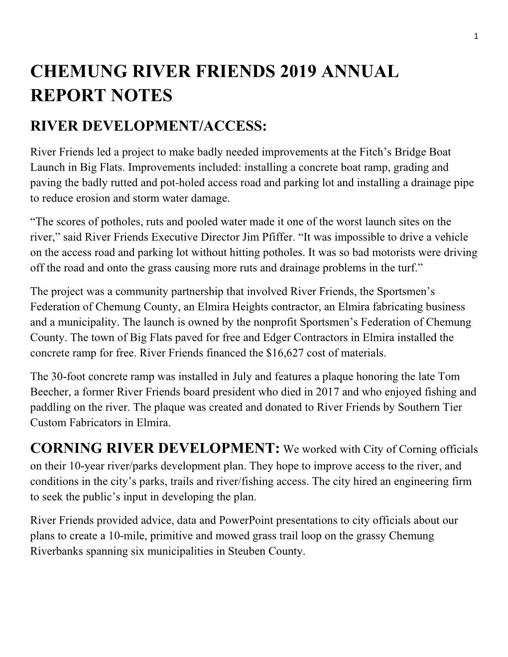 Chemung River Friends 2019 Annual Report Notes River Development/Access