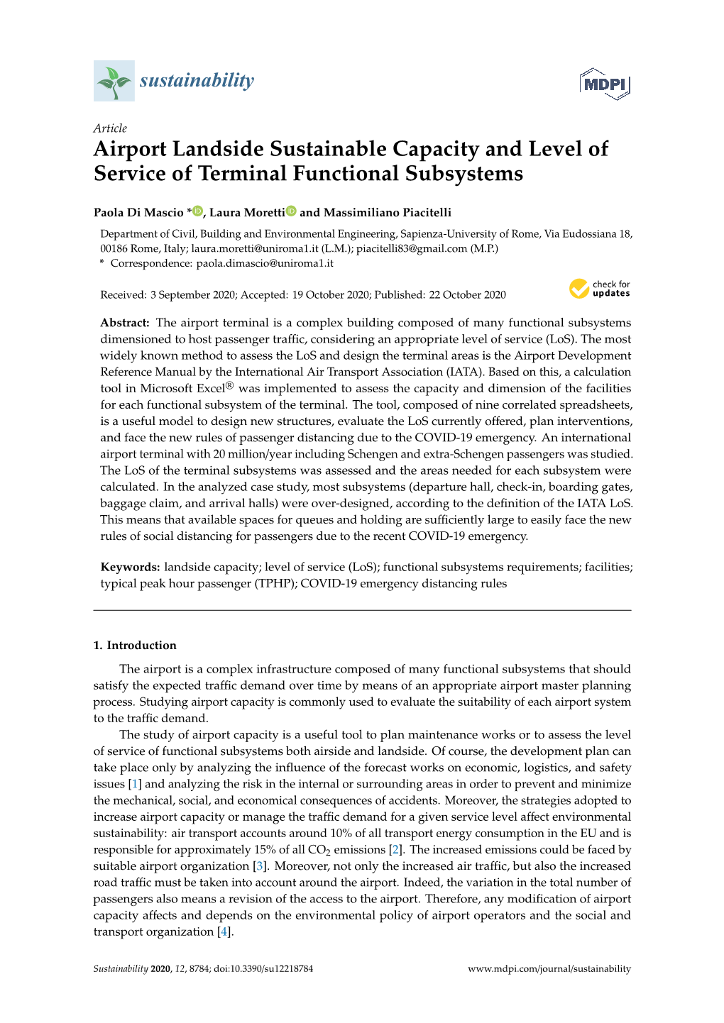 Airport Landside Sustainable Capacity and Level of Service of Terminal Functional Subsystems