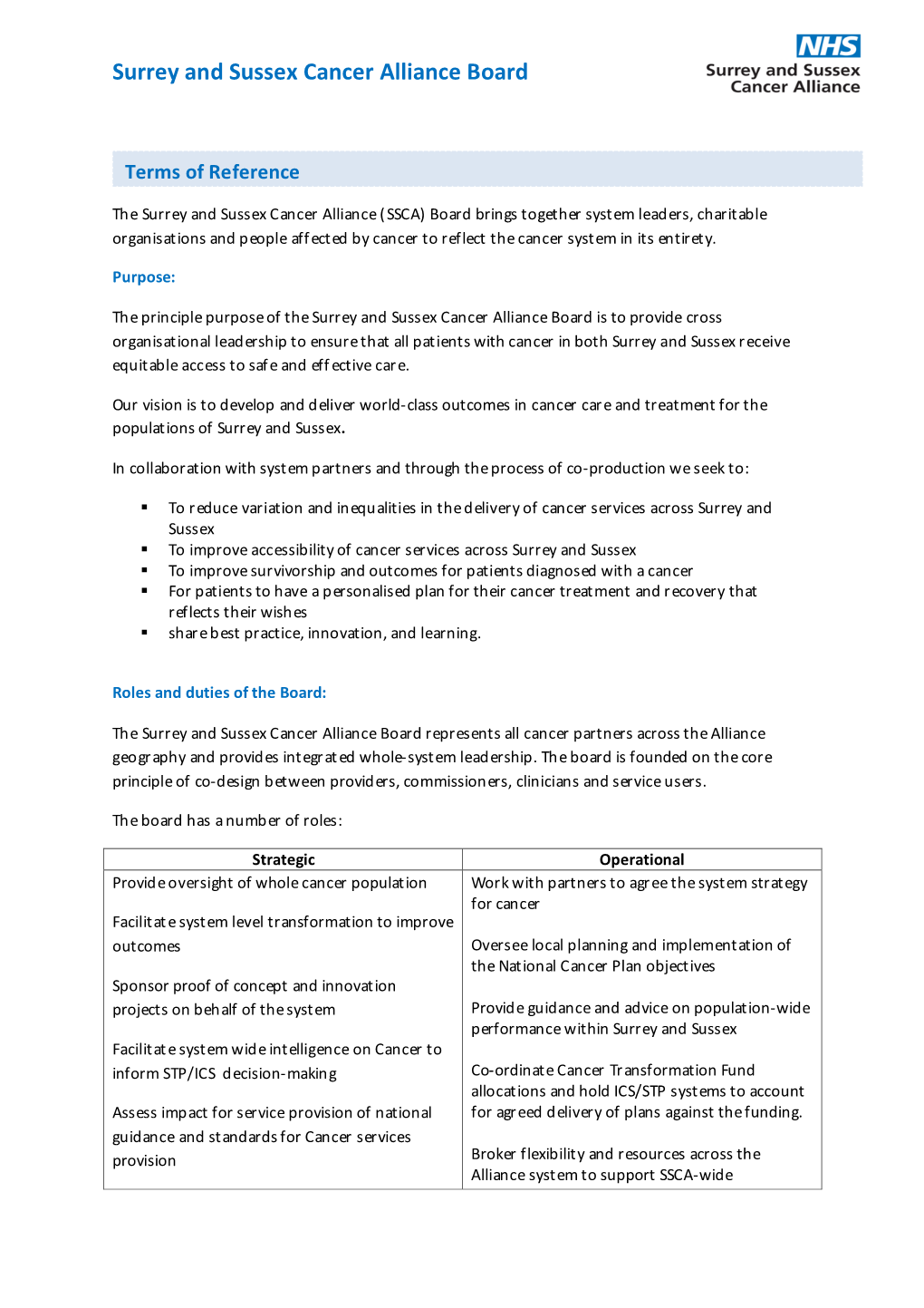 Surrey and Sussex Cancer Alliance Board Terms of Reference