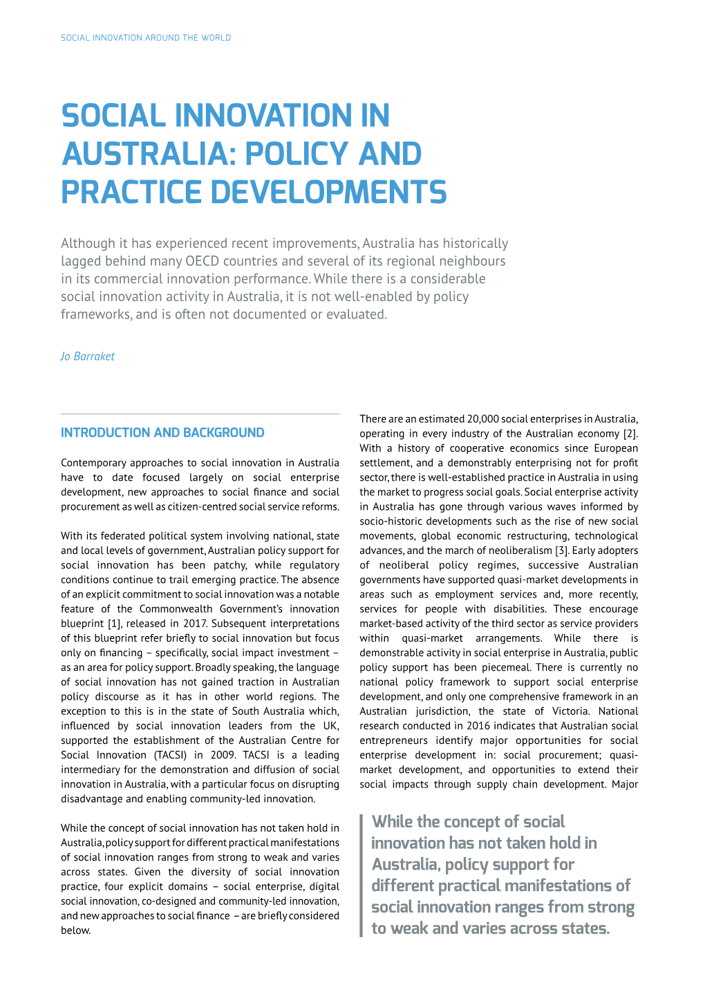 Social Innovation in Australia: Policy and Practice Developments