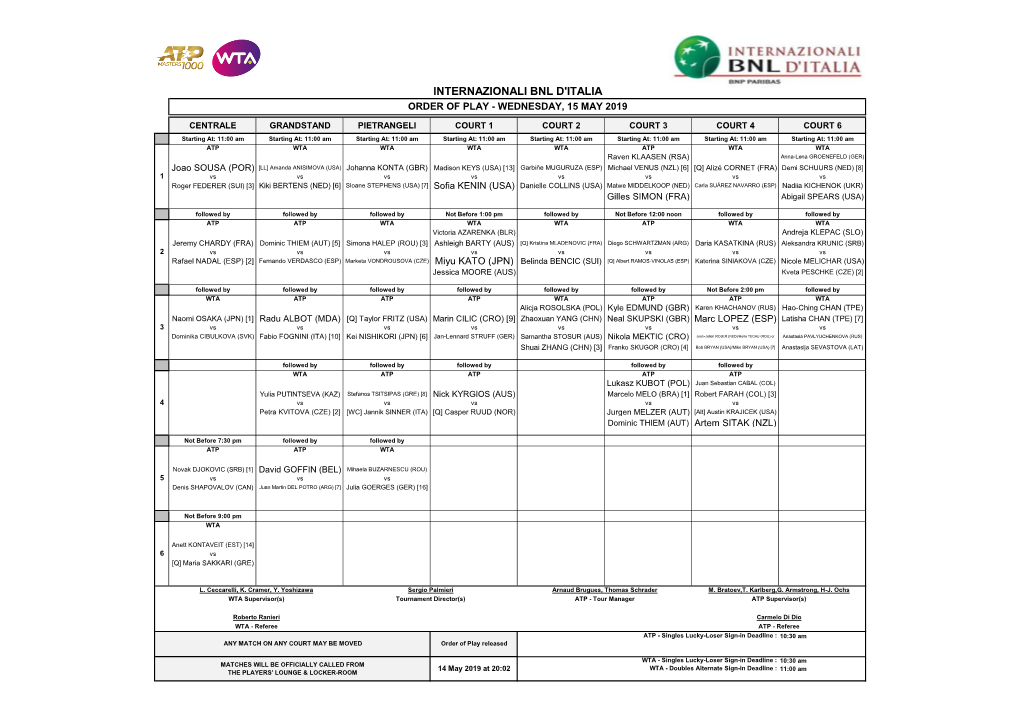 Internazionali Bnl D'italia Order of Play - Wednesday, 15 May 2019