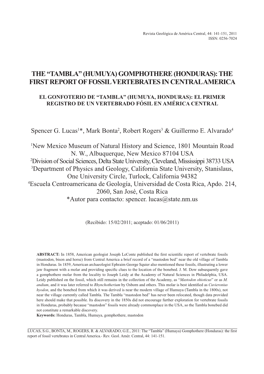 “Tambla” (Humuya) Gomphothere (Honduras): the First Report of Fossil Vertebrates in Central America