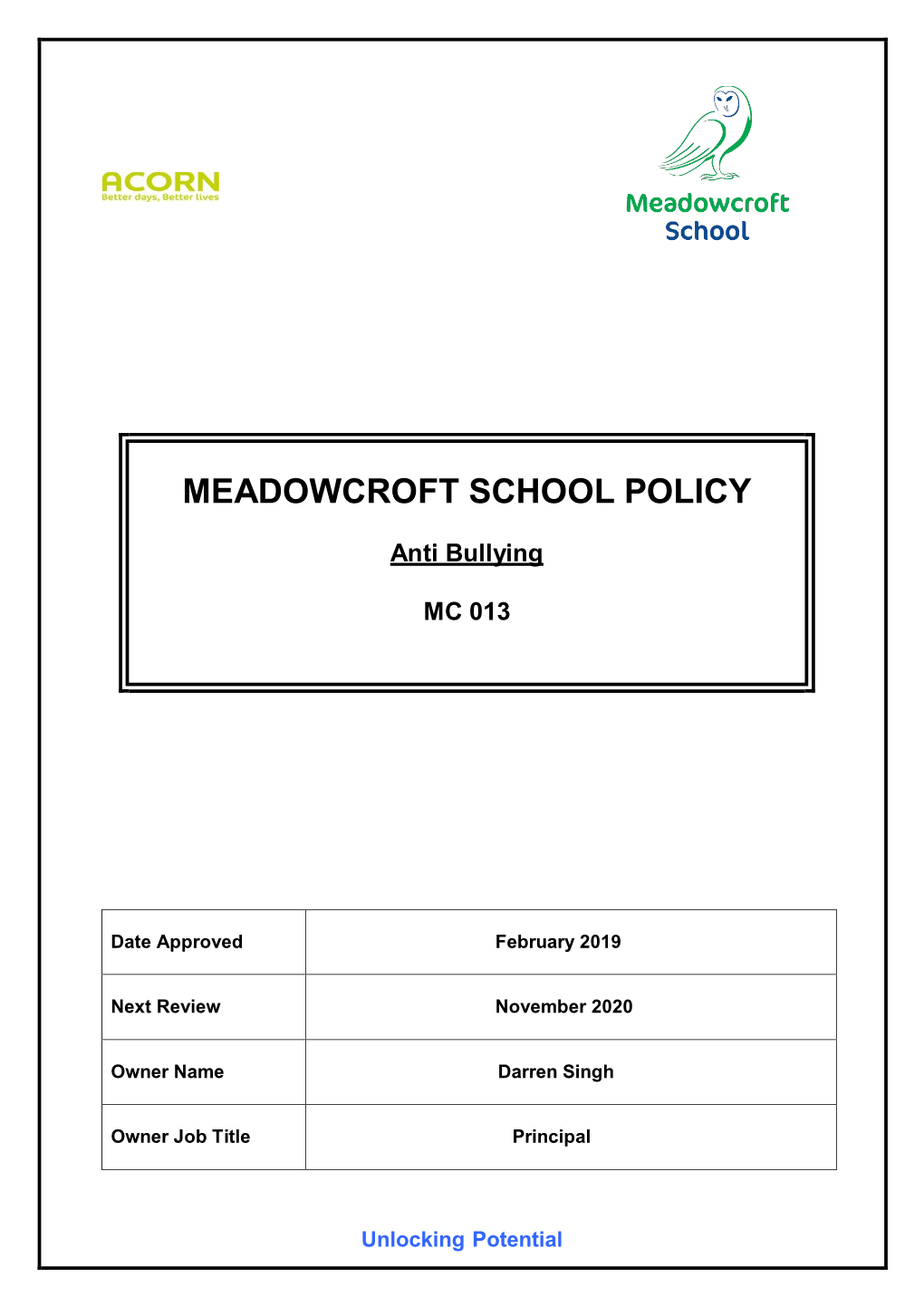 MEADOWCROFT SCHOOL POLICY Anti Bullying MC