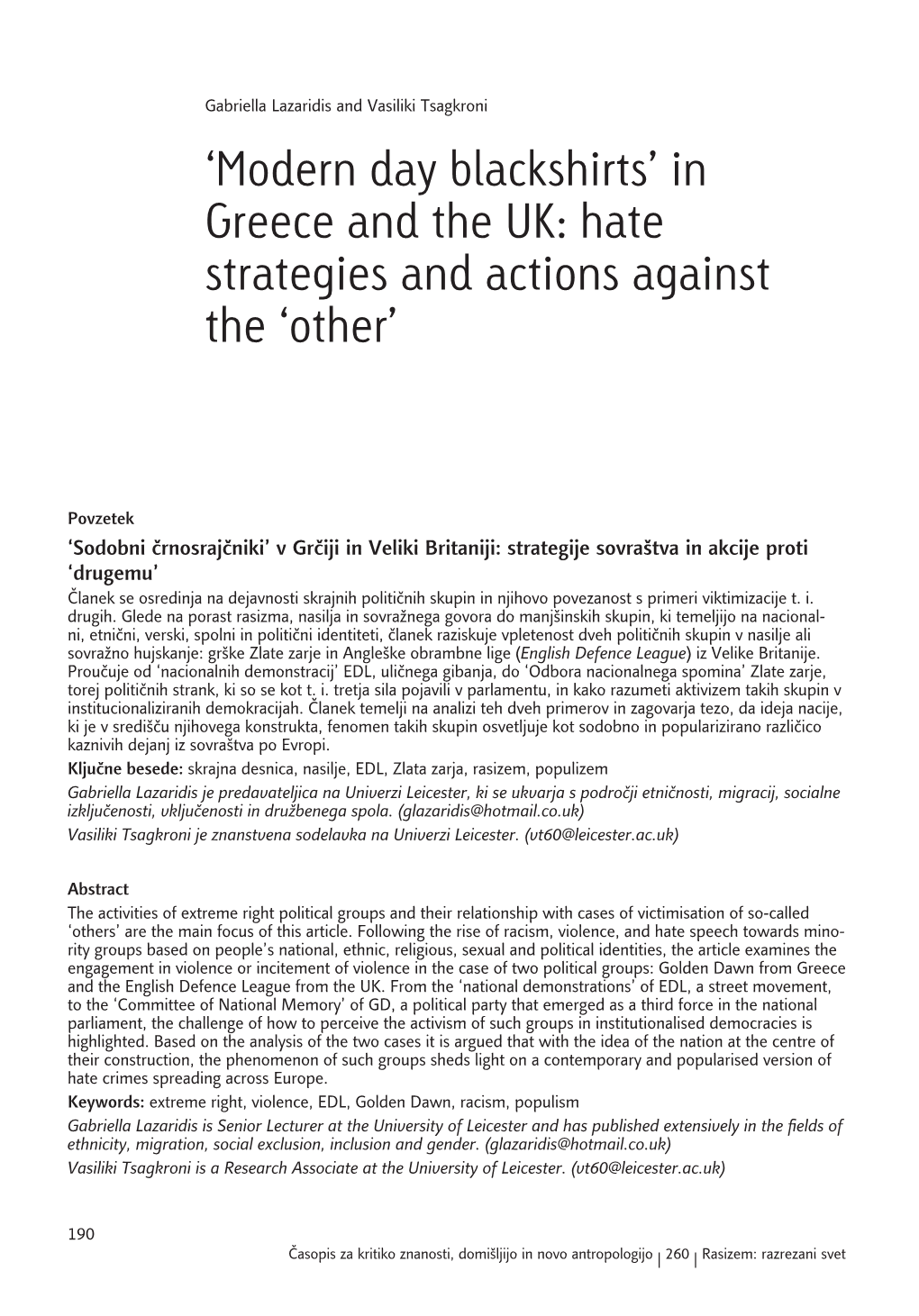 Modern Day Blackshirts’ in Greece and the UK: Hate Strategies and Actions Against the ‘Other’