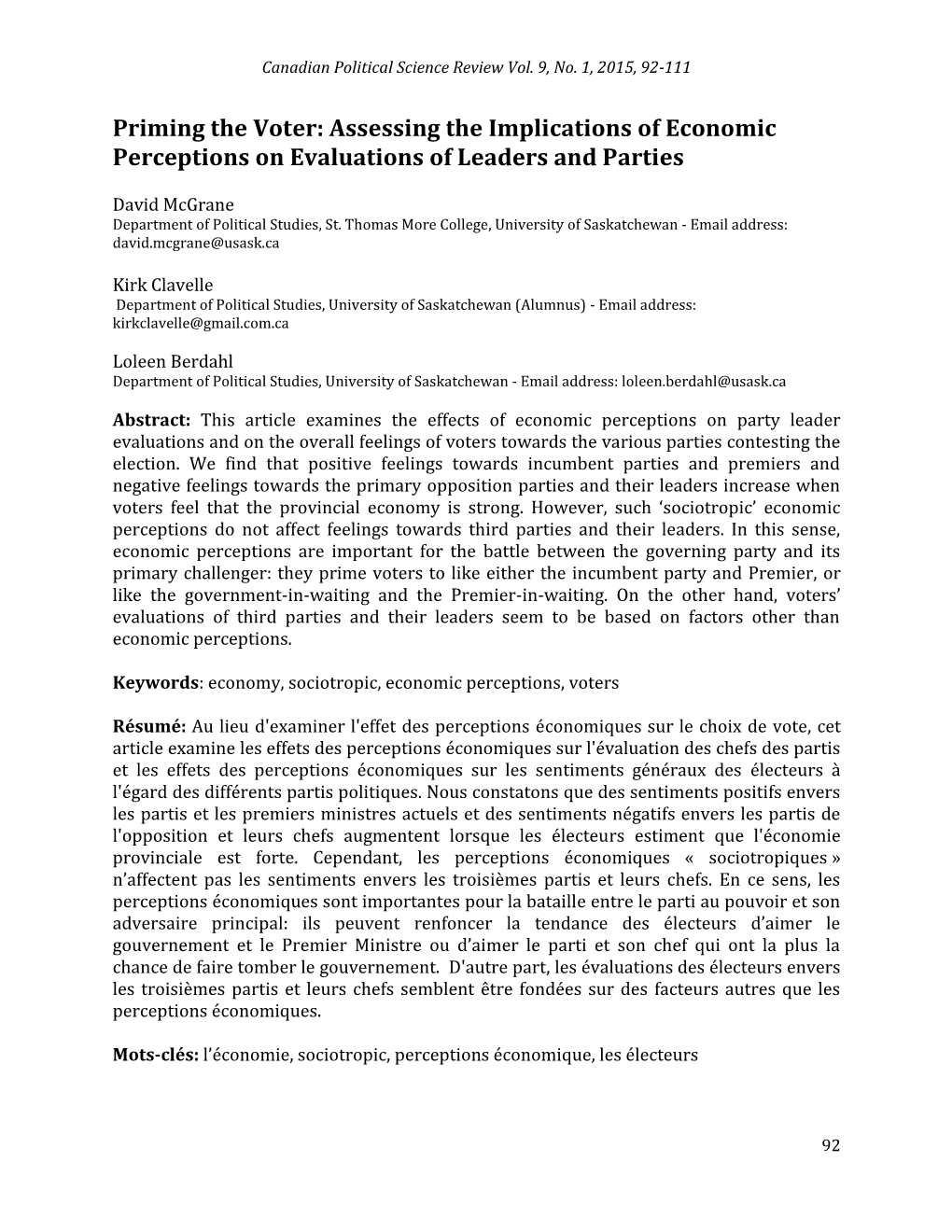 Priming the Voter: Assessing the Implications of Economic Perceptions on Evaluations of Leaders and Parties