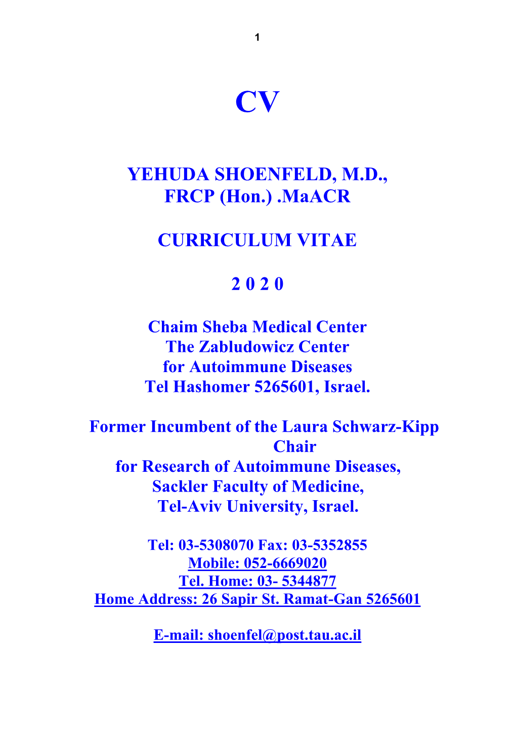 Cv Prof. Yehuda Shoenfeld