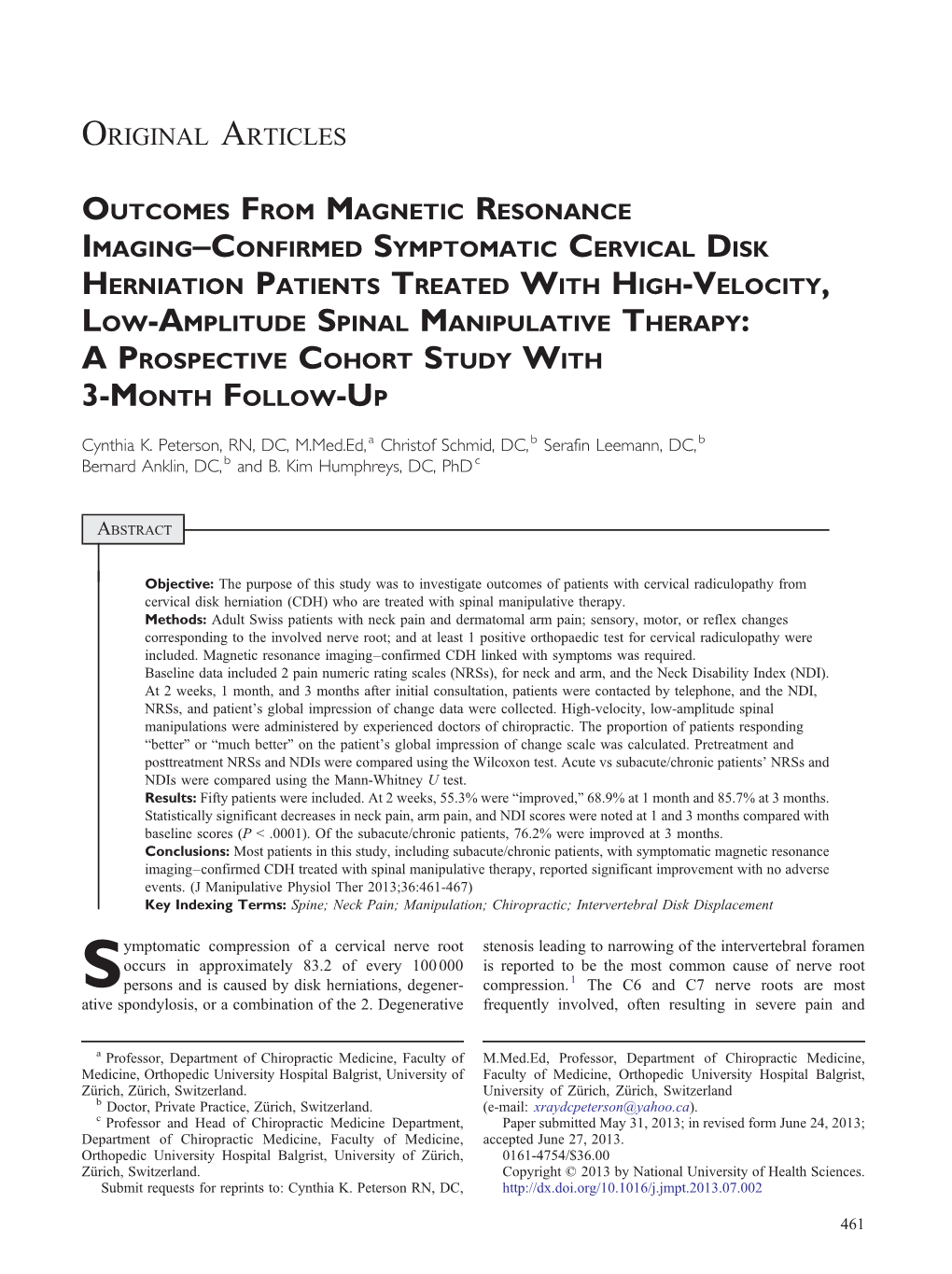 Spinal Manipulation for Confirmed Symptomatic Cervical Disc JMPT 2013