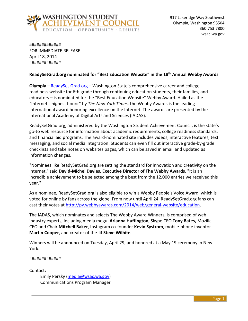 for IMMEDIATE RELEASE April 18, 2014