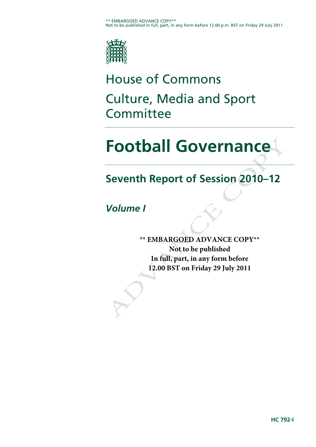 UK Parliamentary Report on Football Governance