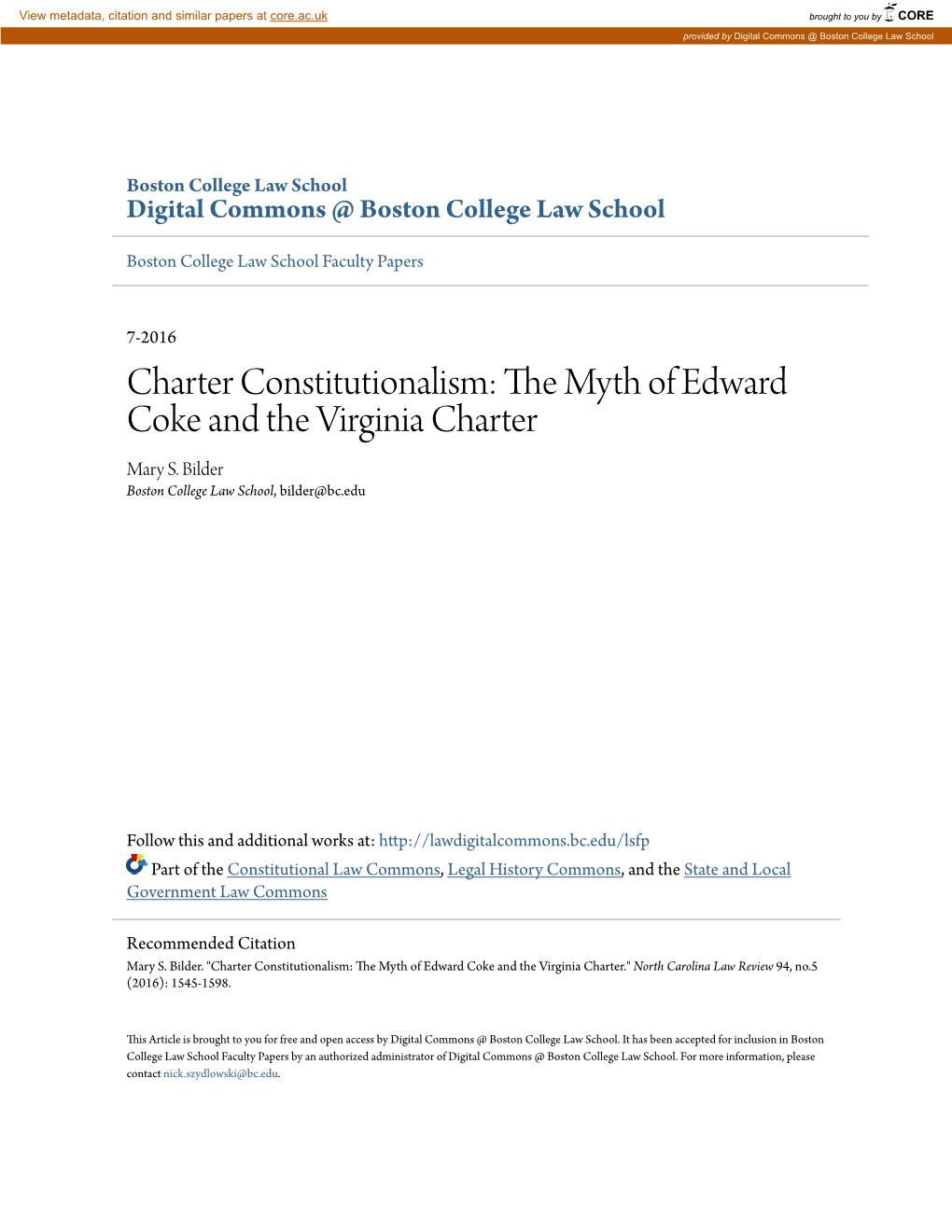 The Myth of Edward Coke and the Virginia Charter*