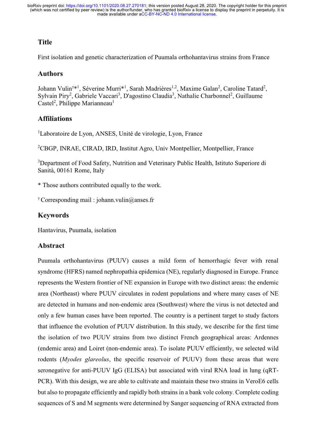 First Isolation and Genetic Characterization of Puumala Orthohantavirus Strains from France