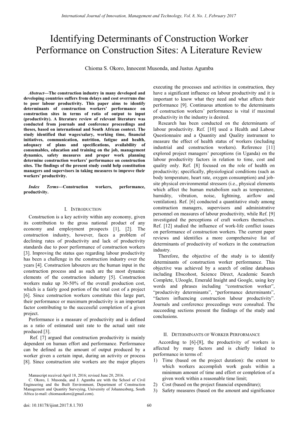 Identifying Determinants of Construction Worker Performance on Construction Sites: a Literature Review