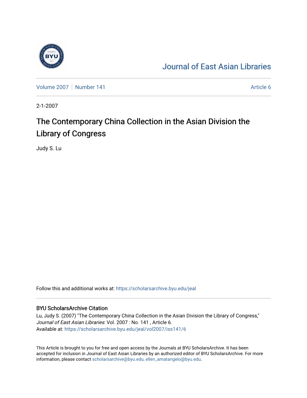 The Contemporary China Collection in the Asian Division the Library of Congress