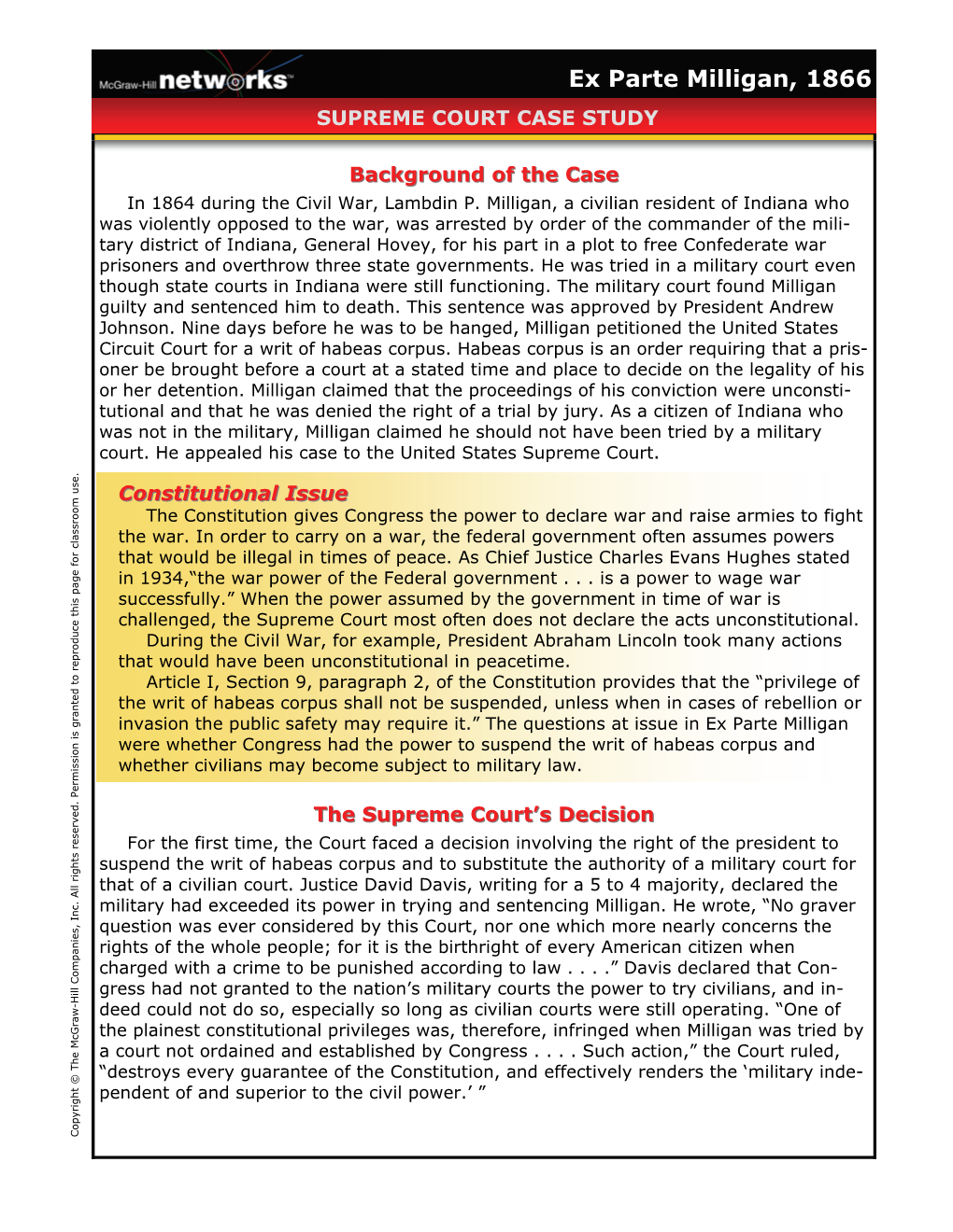 Ex Parte Milligan, 1866 SUPREME COURT CASE STUDY