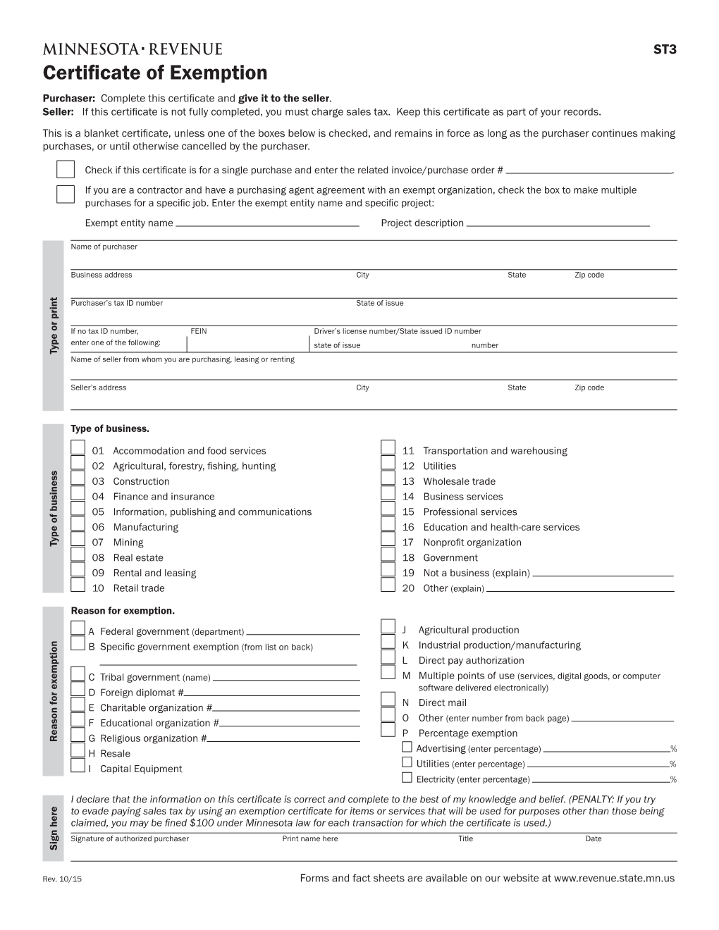 ST3, Certificate of Exemption, to You Must Apply for and Receive Exempt Claim the Following Exemptions