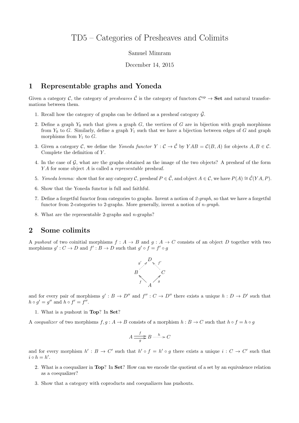 TD5 – Categories of Presheaves and Colimits