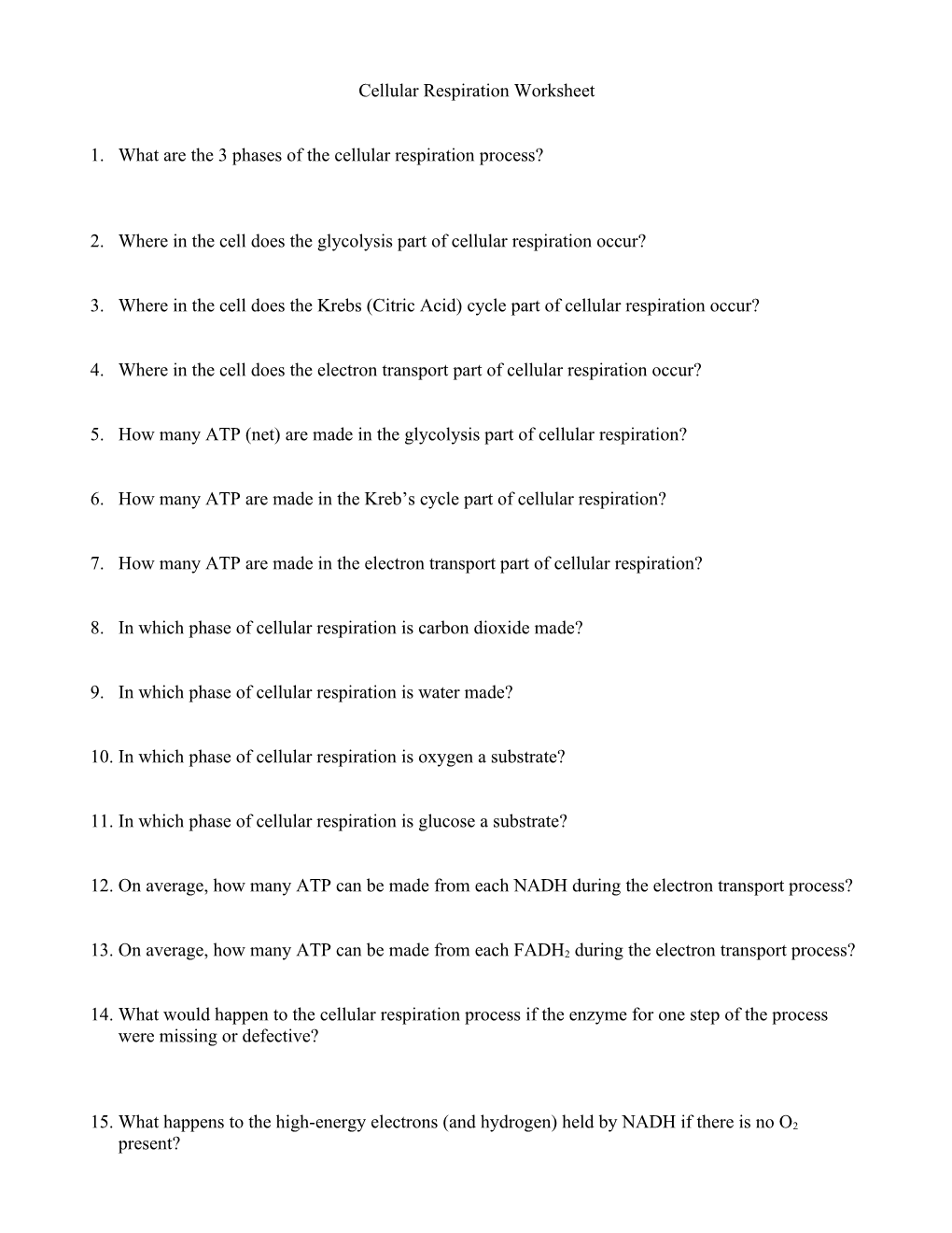 Cellular Respiration Worksheet