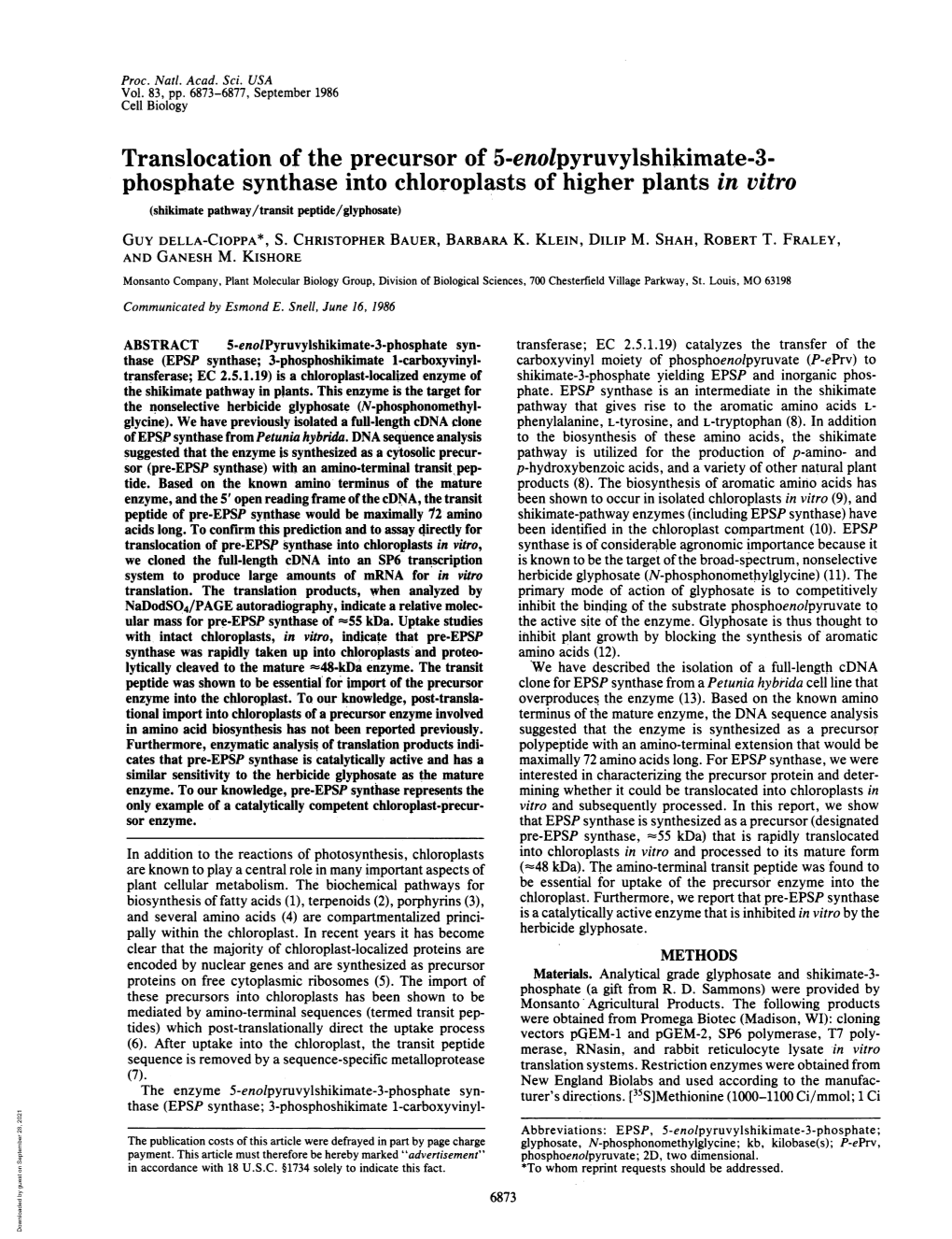 Translocation of the Precursor of 5-Enolpyruvylshikimate-3