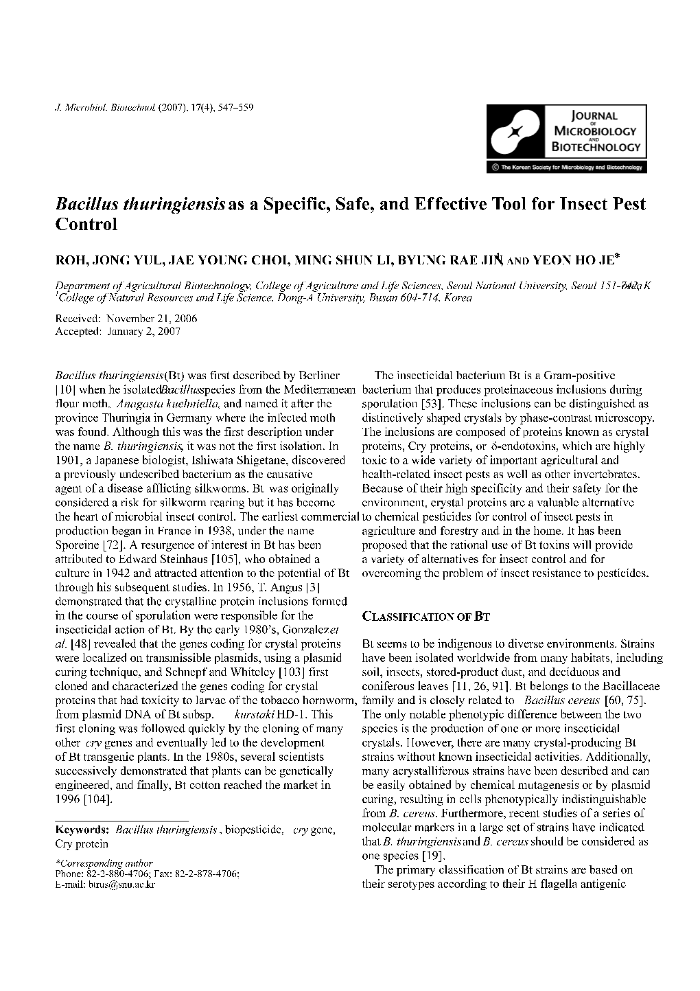 Bacillus Thuringiensis As a Specific, Safe, and Effective Tool for Insect Pest Control