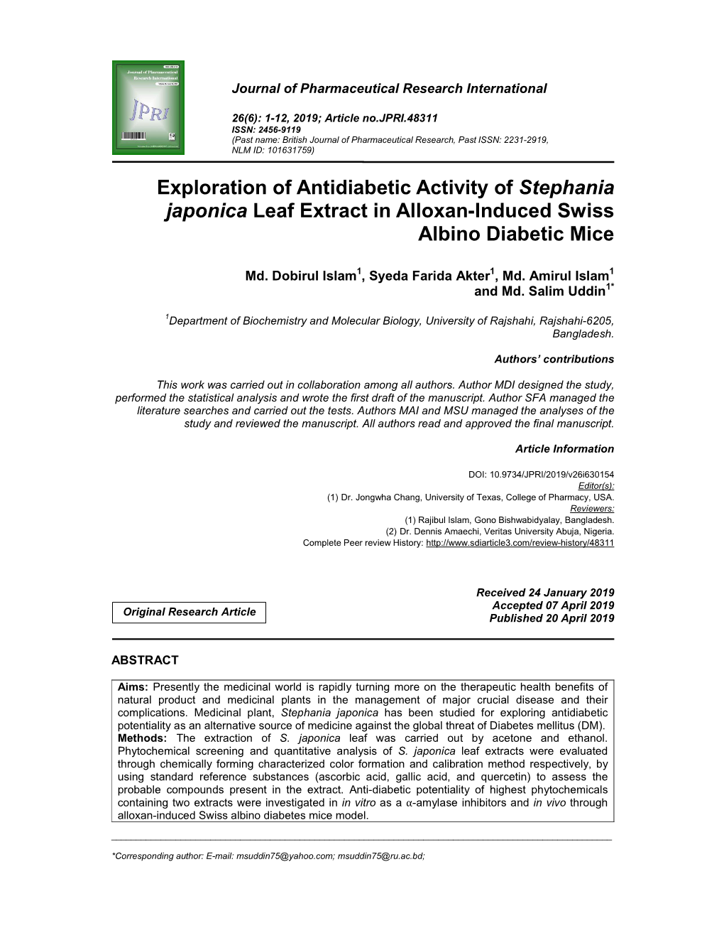 Exploration of Antidiabetic Activity of Stephania Japonica Leaf Extract in Alloxan-Induced Swiss Albino Diabetic Mice