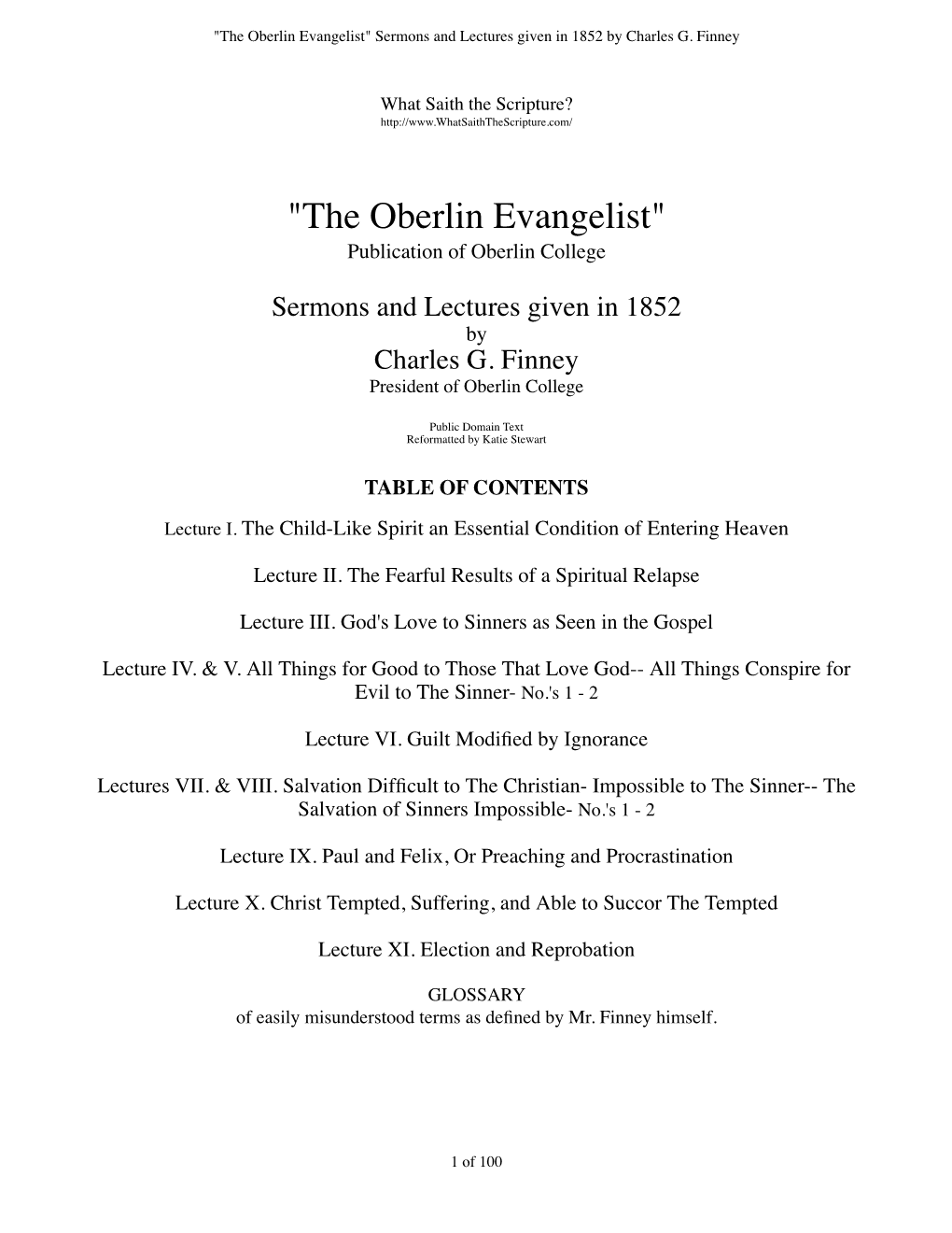 "The Oberlin Evangelist" Sermons and Lectures Given in 1852 by Charles G