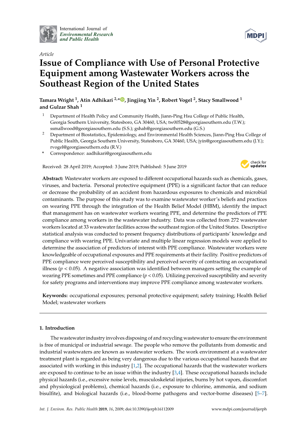 Issue of Compliance with Use of Personal Protective Equipment Among Wastewater Workers Across the Southeast Region of the United States