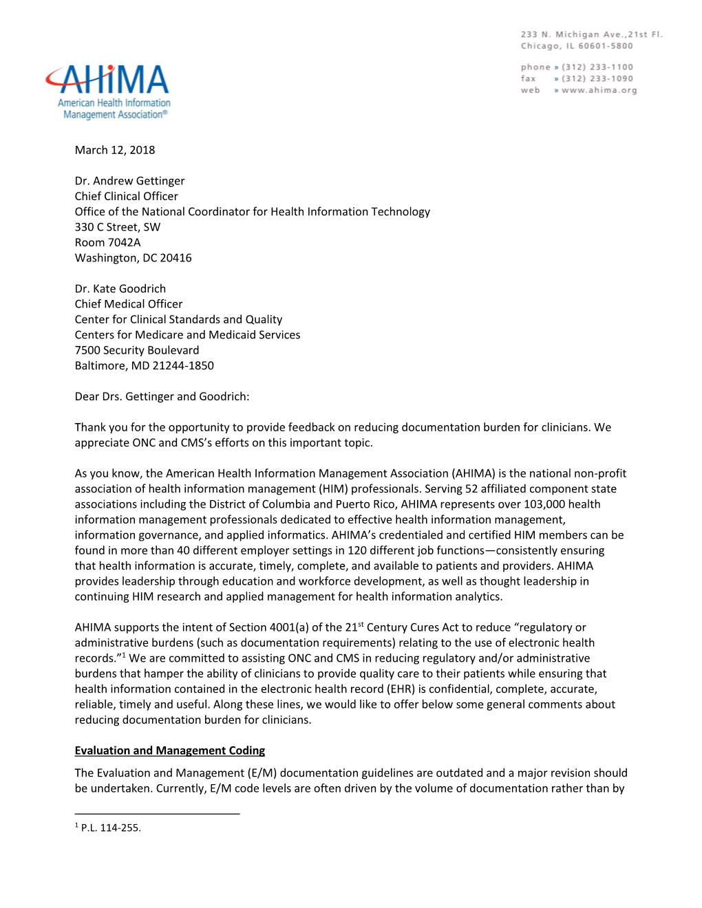 March 12, 2018 Dr. Andrew Gettinger Chief Clinical Officer Office of The