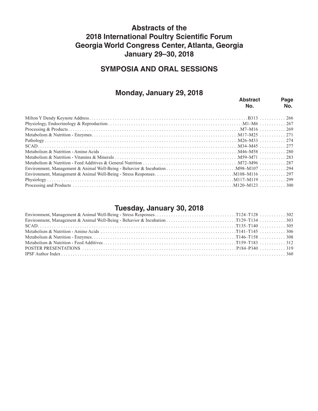 Abstracts of the 2018 International Poultry Scientific Forum Georgia World Congress Center, Atlanta, Georgia January 29–30, 2018