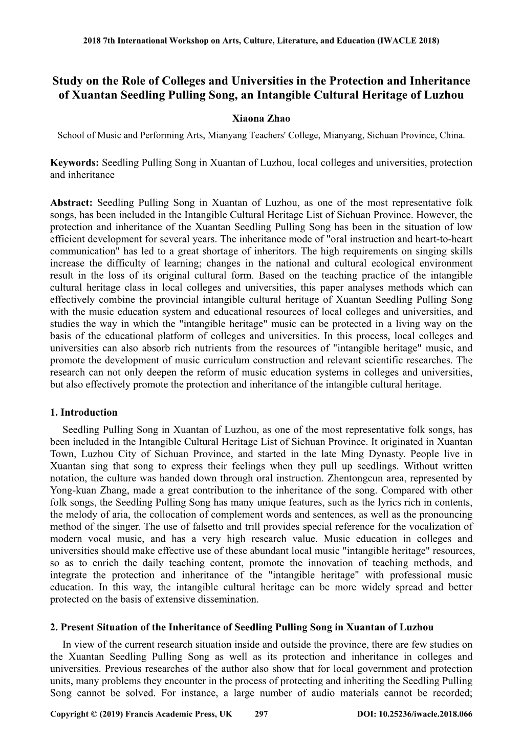 Study on the Role of Colleges and Universities in the Protection and Inheritance of Xuantan Seedling Pulling Song, an Intangible Cultural Heritage of Luzhou