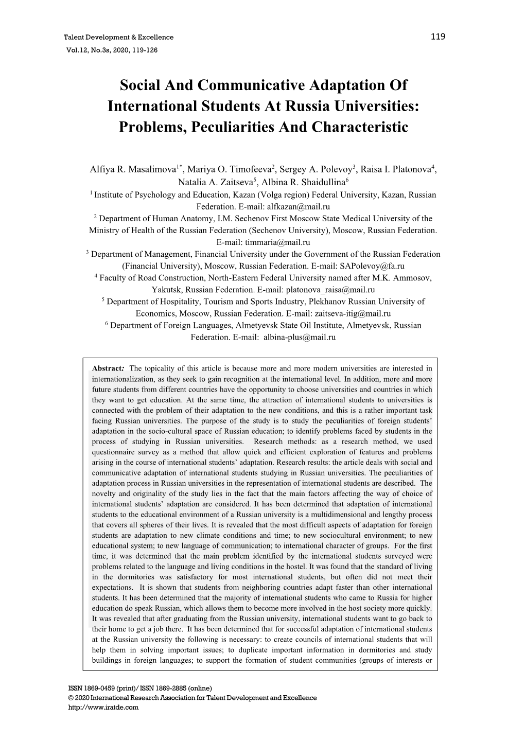 Social and Communicative Adaptation of International Students at Russia Universities: Problems, Peculiarities and Characteristic