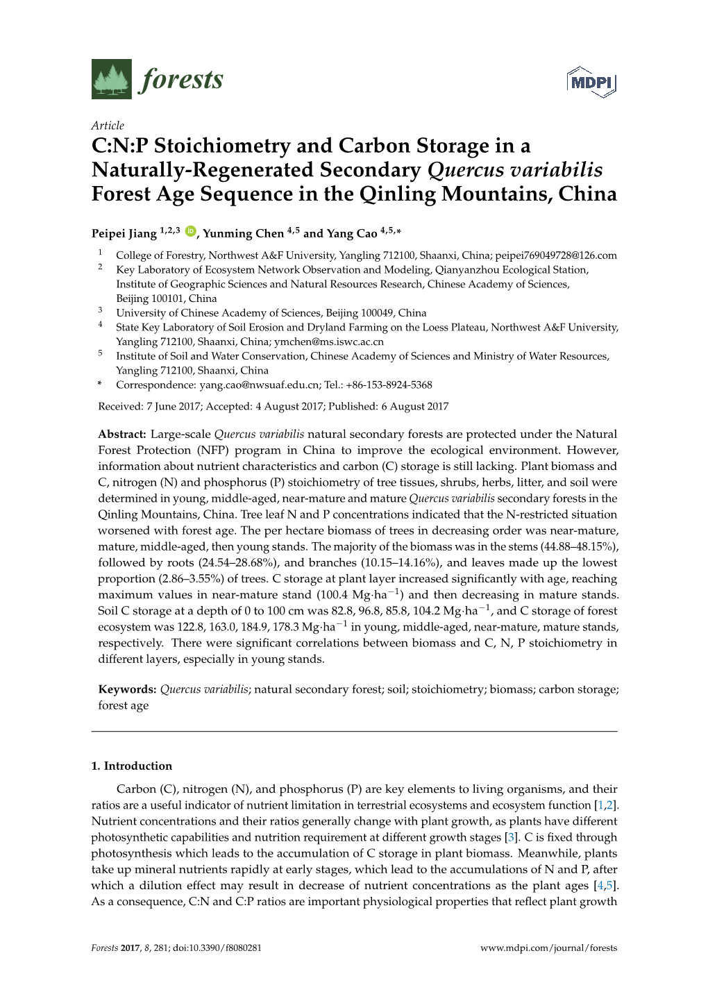 C:N:P Stoichiometry and Carbon Storage in a Naturally-Regenerated Secondary Quercus Variabilis Forest Age Sequence in the Qinling Mountains, China
