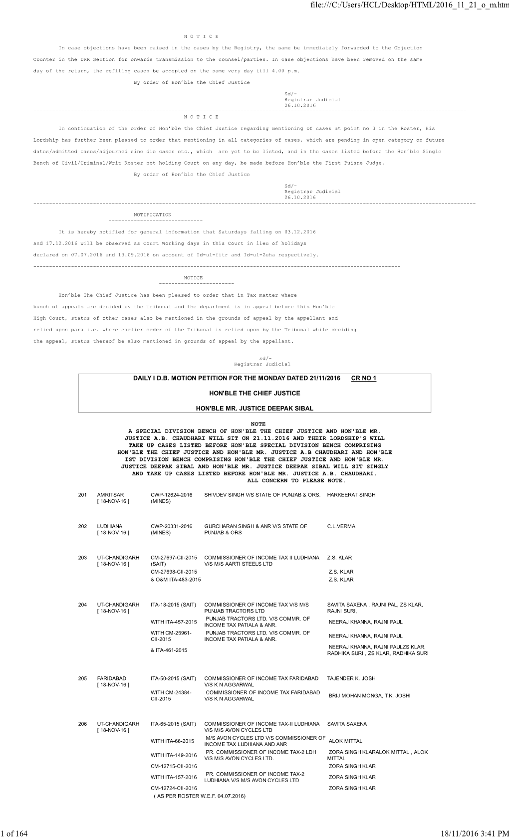 Daily I D.B. Motion Petition for the Monday Dated 21/11/2016 Cr No 1