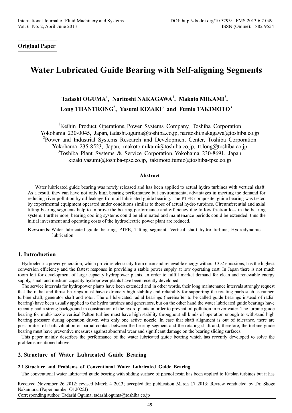 Water Lubricated Guide Bearing with Self-Aligning Segments