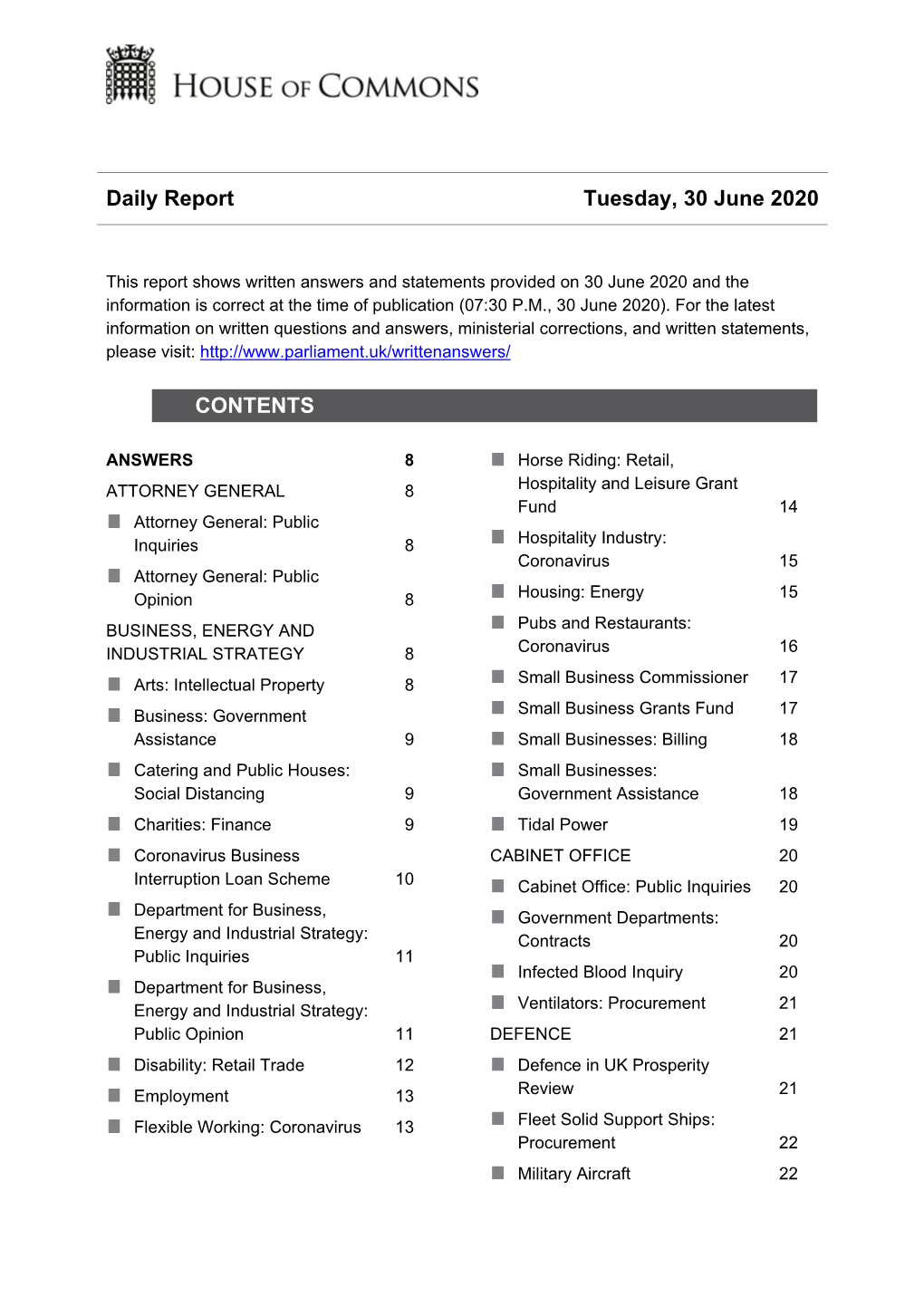 Daily Report Tuesday, 30 June 2020 CONTENTS