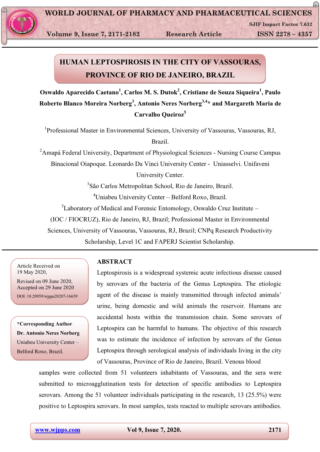 Human Leptospirosis in the City of Vassouras, Province of Rio De Janeiro, Brazil