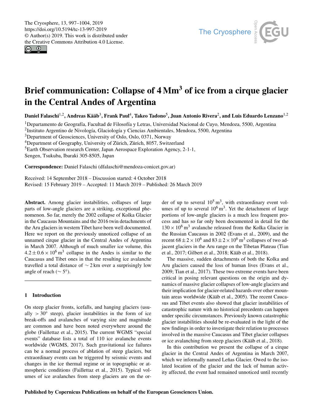 Brief Communication: Collapse of 4 Mm3 of Ice from a Cirque Glacier in the Central Andes of Argentina