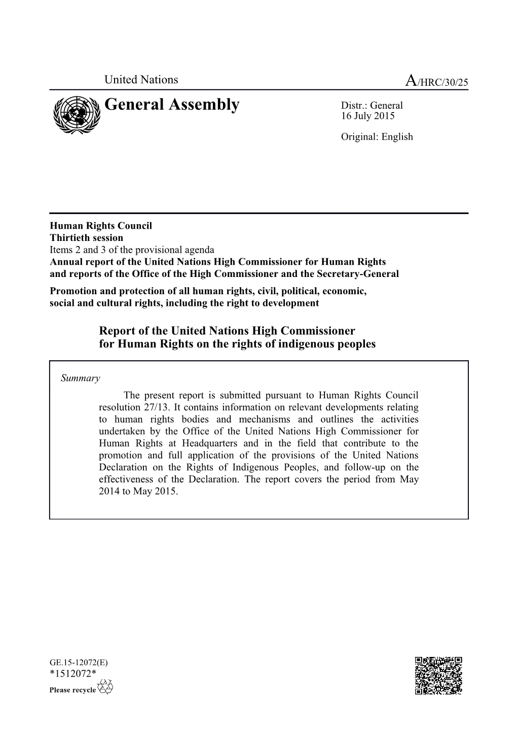 The Rights Of Indigenous Peoples - Report Of The United Nations High Commissioner For Human Rights In English