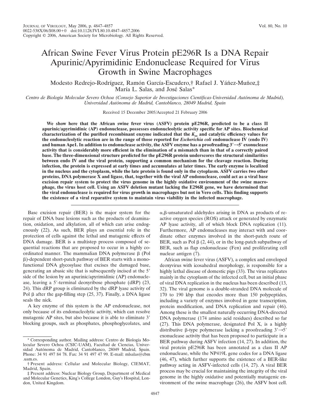 African Swine Fever Virus Protein Pe296r Is a DNA Repair Apurinic