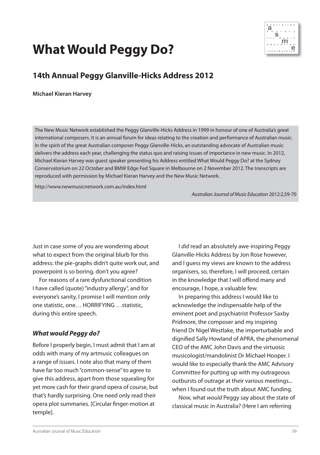 14Th Annual Peggy Glanville-Hicks Address 2012