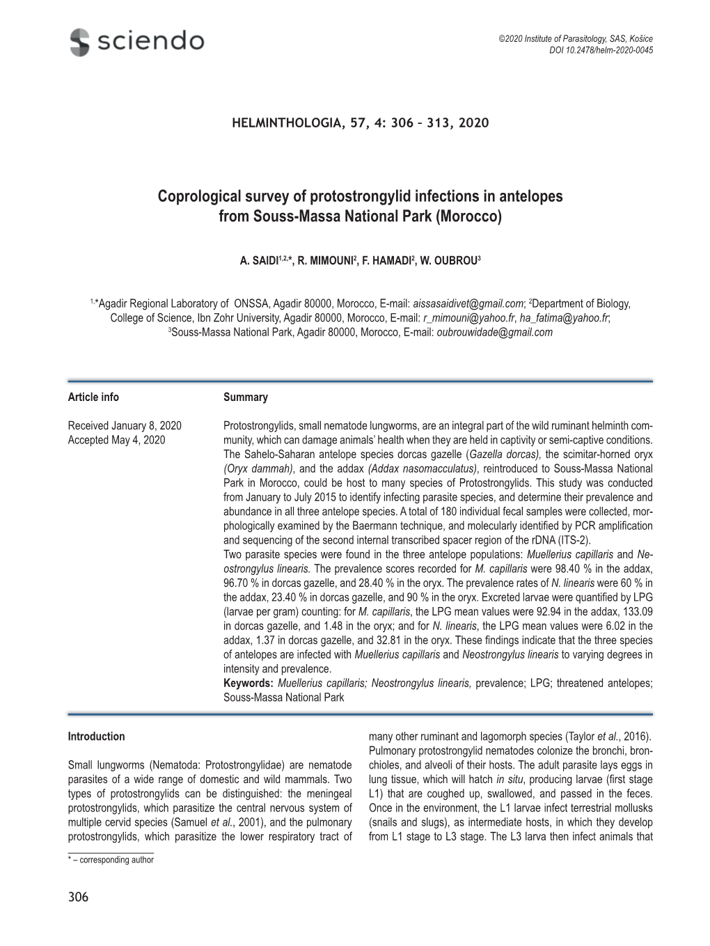 Coprological Survey of Protostrongylid Infections in Antelopes from Souss-Massa National Park (Morocco)