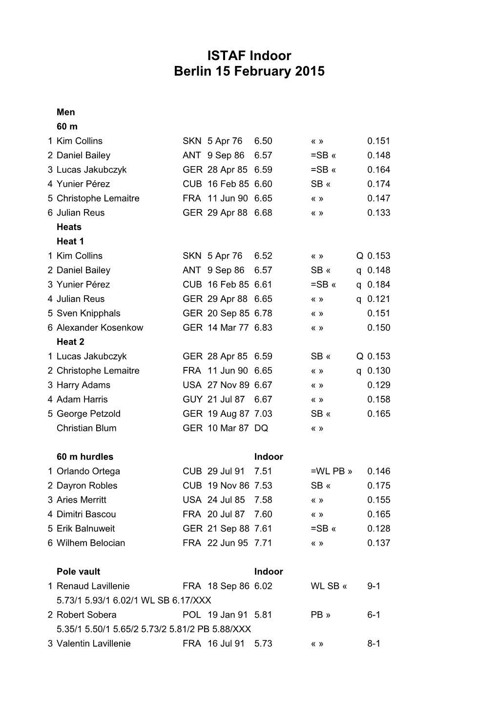 ISTAF Indoor Berlin 15 February 2015