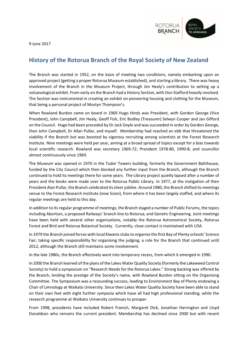 History of the Rotorua Branch of the Royal Society of New Zealand