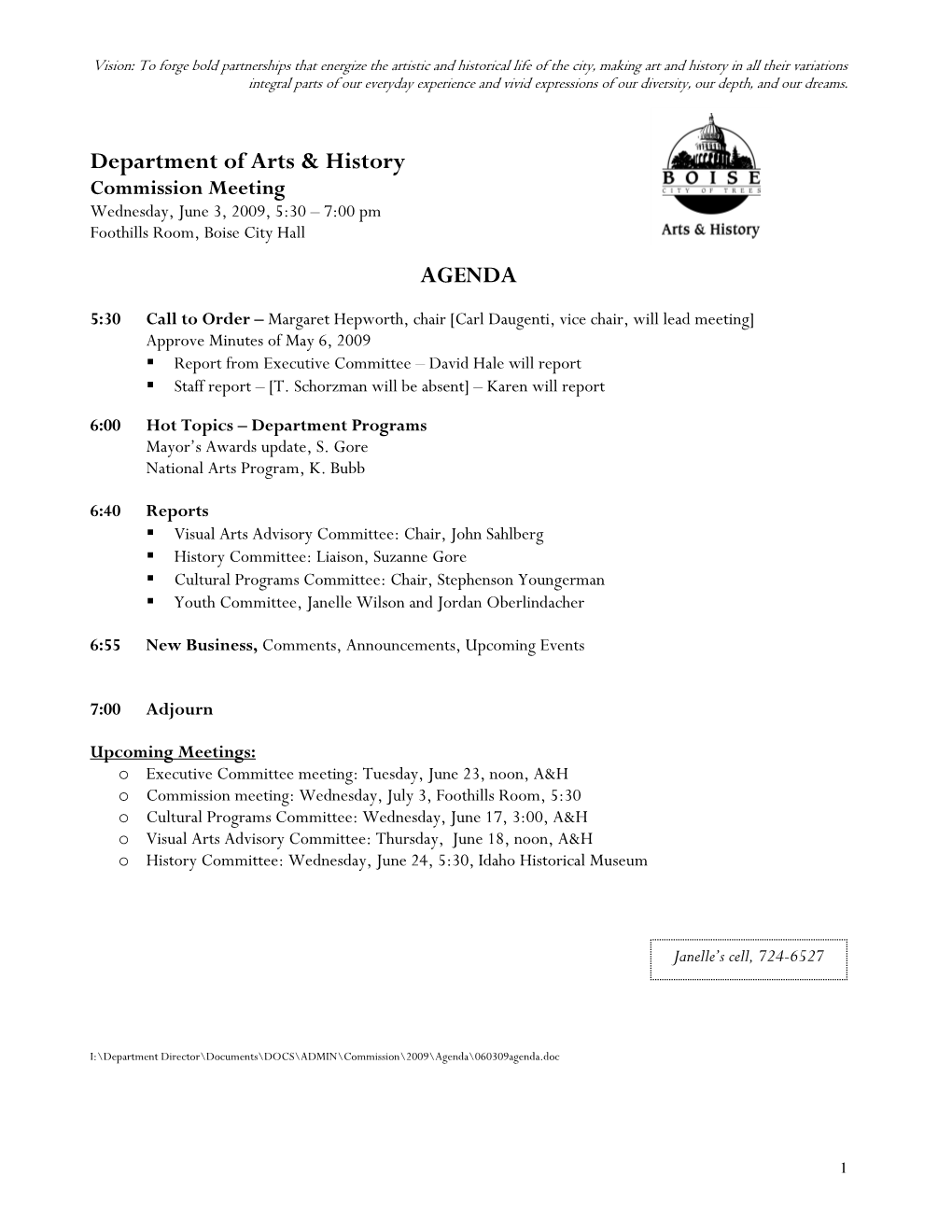 Department of Arts & History AGENDA