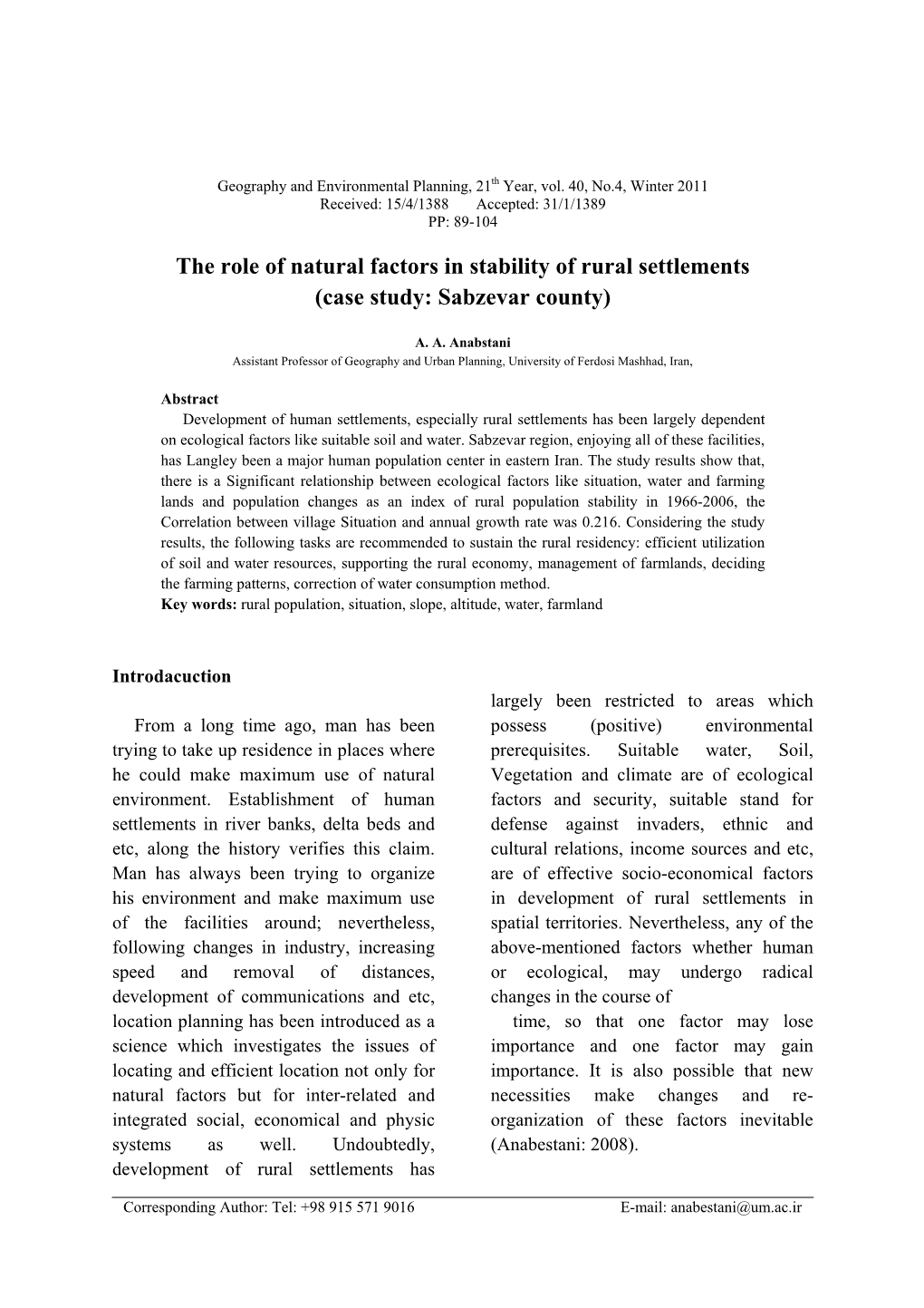 The Role of Natural Factors in Stability of Rural Settlements (Case Study: Sabzevar County)