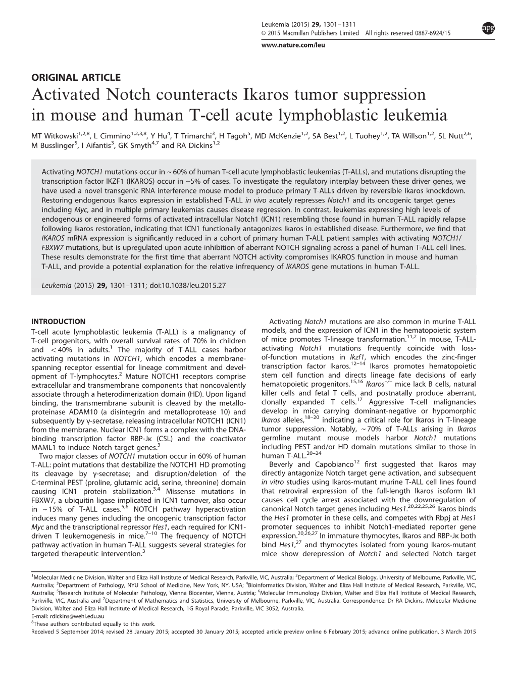 Activated Notch Counteracts Ikaros Tumor Suppression in Mouse and Human T-Cell Acute Lymphoblastic Leukemia