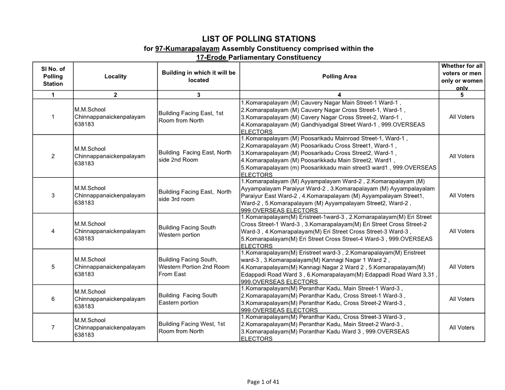 LIST of POLLING STATIONS for 97-Kumarapalayam Assembly Constituency Comprised Within the 17-Erode Parliamentary Constituency Whether for All Sl No