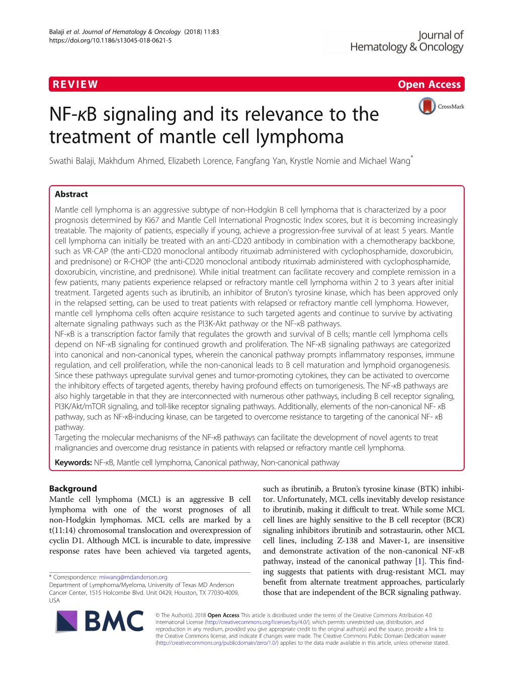 NF-Κb Signaling and Its Relevance to the Treatment of Mantle Cell Lymphoma