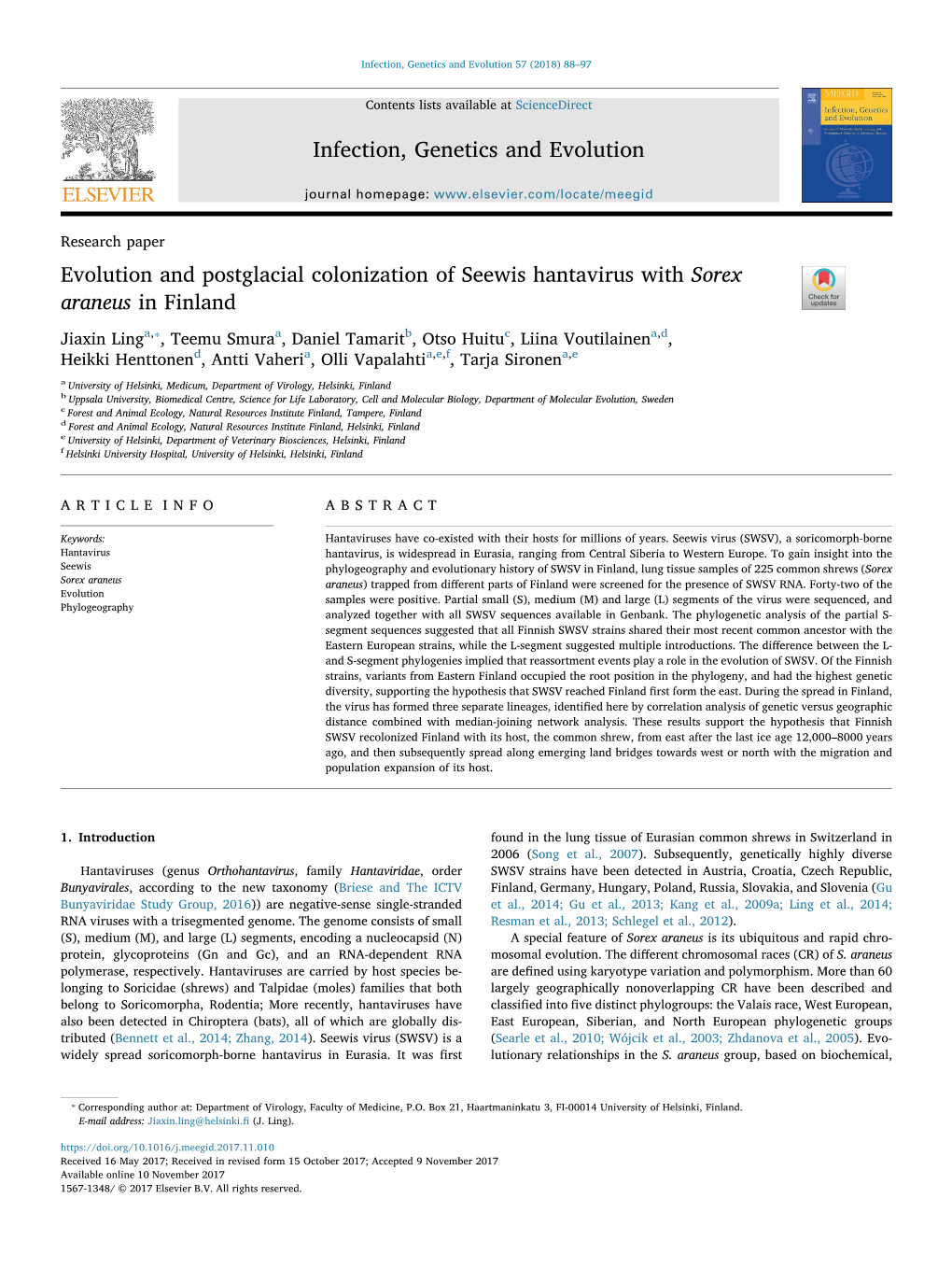 Evolution and Postglacial Colonization of Seewis Hantavirus with Sorex Araneus in Finland