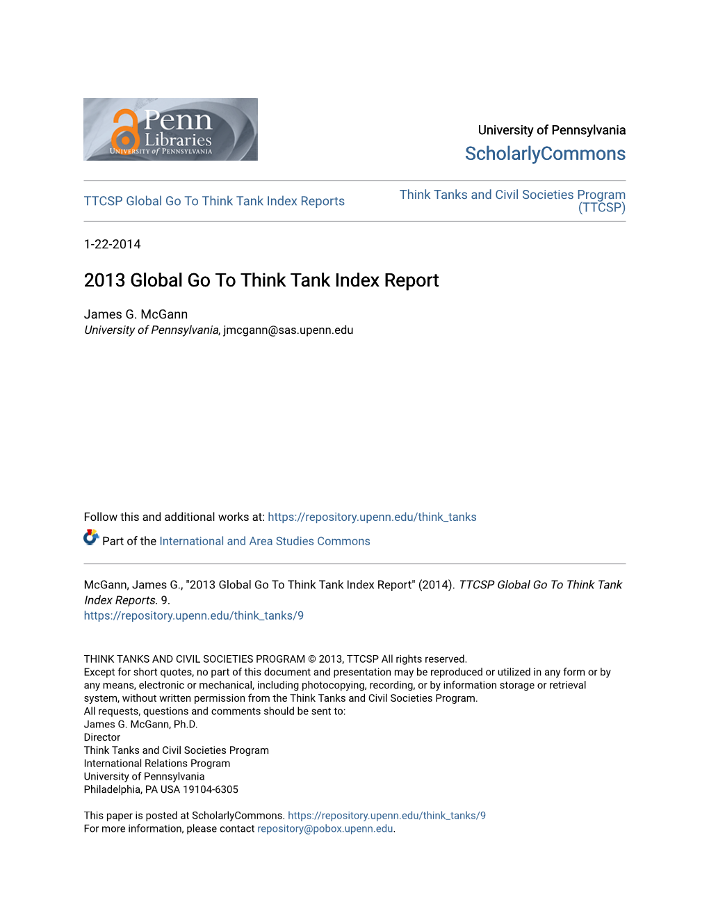 2013 Global Go to Think Tank Index Report