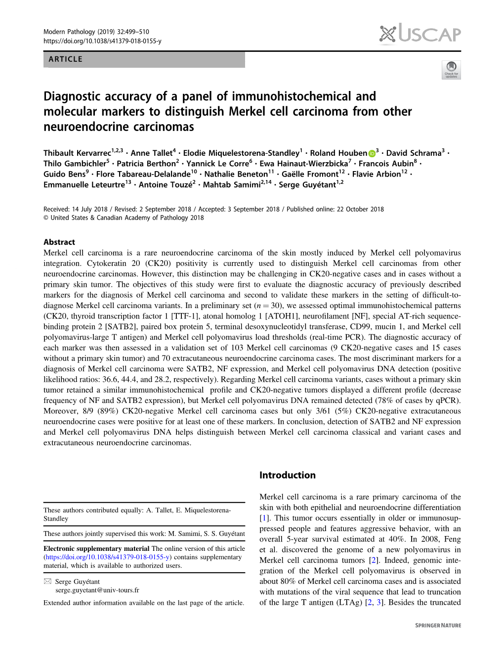 Diagnostic Accuracy of a Panel of Immunohistochemical and Molecular Markers to Distinguish Merkel Cell Carcinoma from Other Neuroendocrine Carcinomas